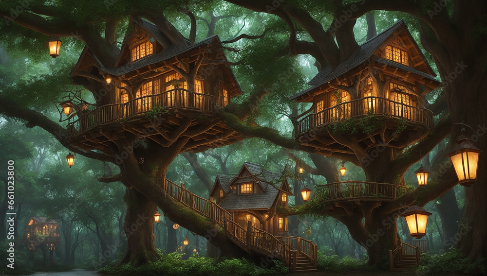 Obraz premium A vivid description inspired by a majestic treehouse nestled within the embrace of an ancient oak tree - AI Generative