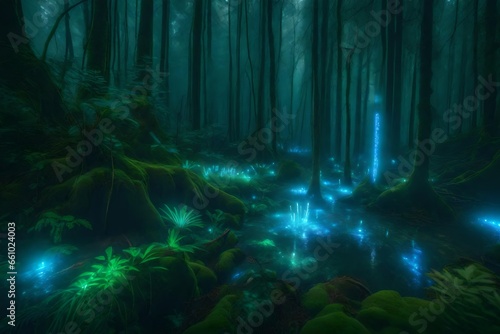 A mystical forest with bioluminescent plants and creatures.
