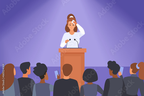 Problem of speakers fear and anxiety of public speech and events vector illustration. Cartoon young nervous shy woman lecturer standing behind podium with microphones to speak in front of audience