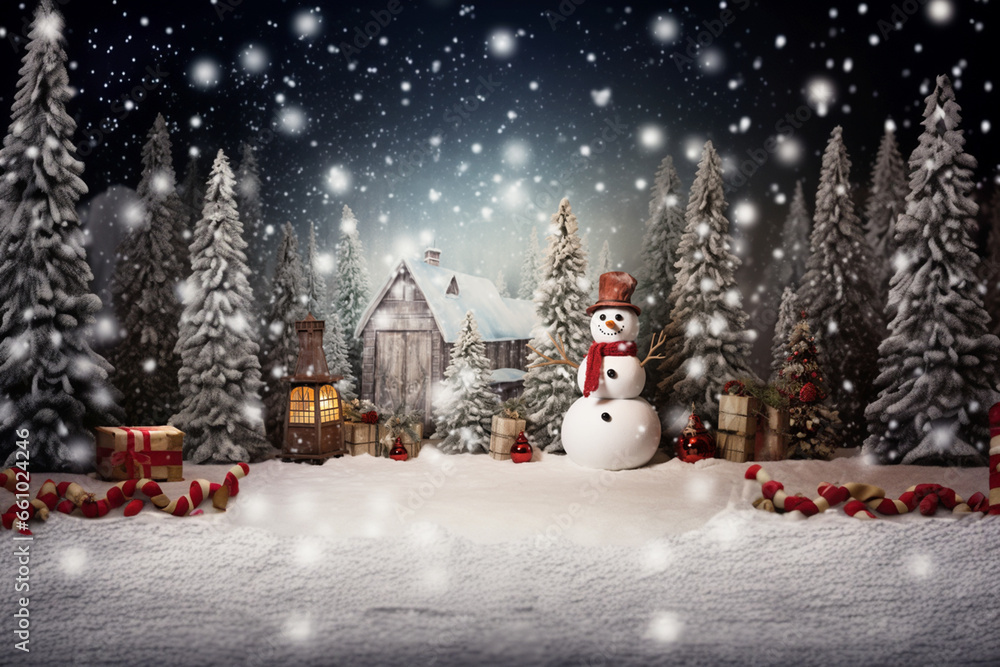 Obraz premium Christmas Winter Night Winter Snowman Fantasy Scenery Backdrop Illustration