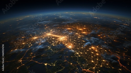 Europe map  view of city lights on night Earth in global satellite picture. EU  Russia  Mediterranean and Middle East in dark  part of World taken from space.