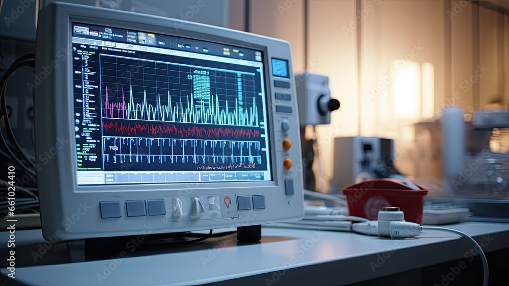 an ECG monitor in a hospital room, displaying a real-time heart rhythm of a patient, with medical professionals in the background ensuring the patient's well-being. an ECG monitor in a hospital room, displaying a real-time heart rhythm of a patient, with medical professionals in the background ensuring the patient's well-being.