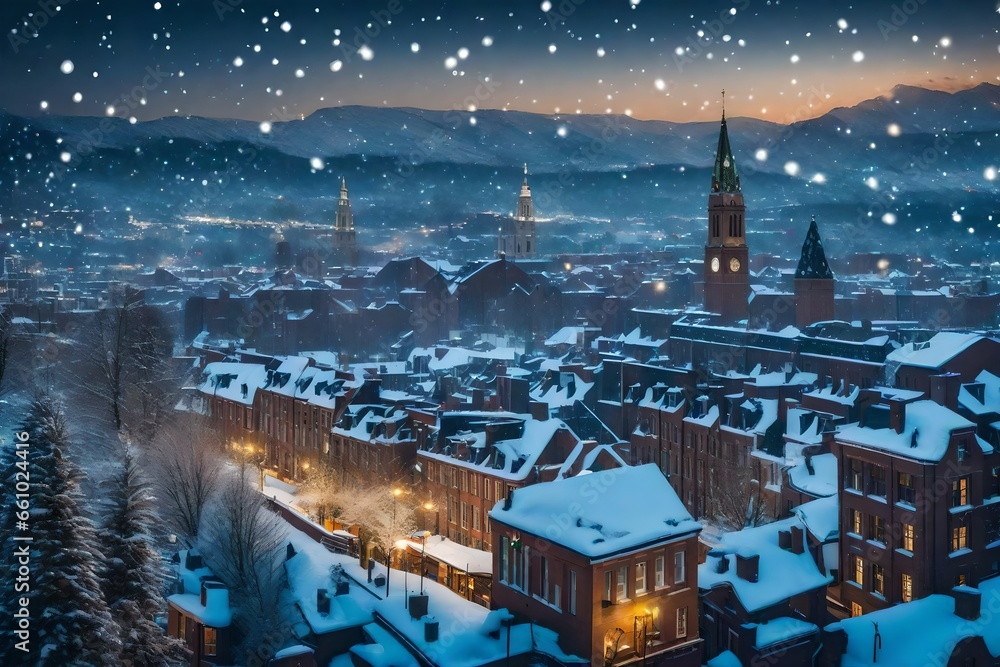 Obraz premium A card with a snowy cityscape and twinkling lights.