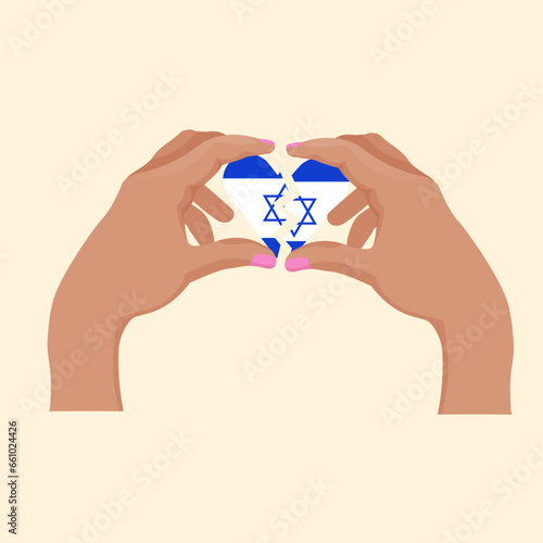 Israel flag in the shape of a broken heart. Pray for Israel. Let's pray together, sympathy. Vector illustration hands holding shape of heart from Israel flag