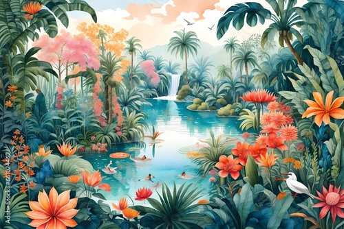 A vivid watercolor illustration portraying a jungle oasis with a serene lake and cascading waterfall - AI Generative