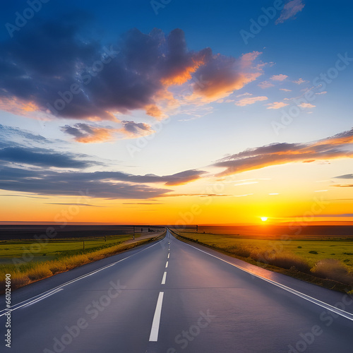 Empty asphalt road and beautiful sky at sunset, panoramic view. High quality photo © aissam