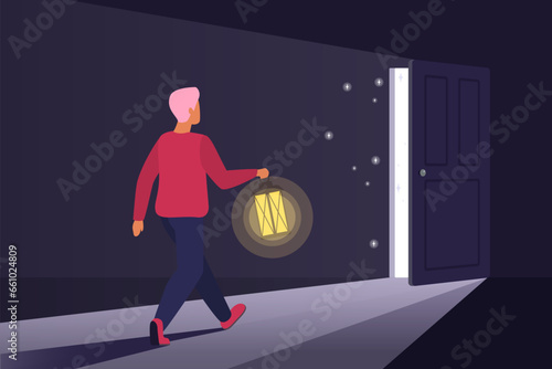 Optimism, step towards bright future and challenge vector illustration. Cartoon optimistic man walking alone in shadow with lantern to open door, opportunity to change, improve life and career