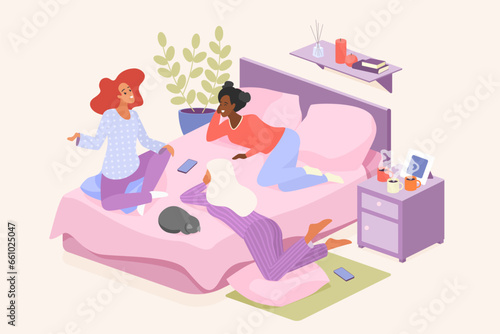 Girls friends talk on pajama party or sleepover in bedroom vector illustration. Cartoon young three female characters in cute pajamas sitting and lying on bed to gossip and drink tea or coffee