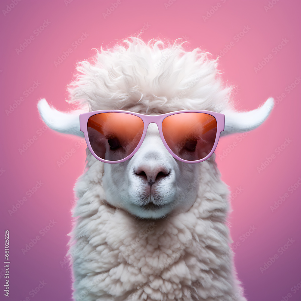 Creative animal concept wearing sunglass shade glasses isolated on solid pastel background, commercial, editorial advertisement, surreal surrealism