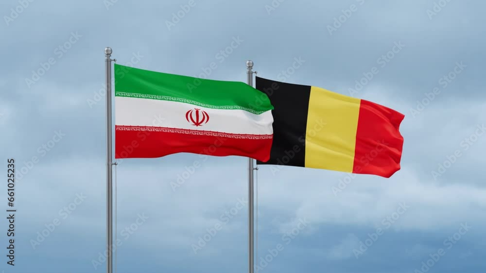 Belgium flag and Iran flag waving together on cloudy sky, endless seamless loop, two country relations concept Belgium flag and Iran flag waving together on cloudy sky, endless seamless loop, two country relations concept