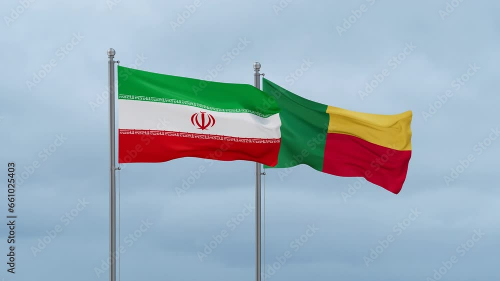 Iran flag and Benin flag waving together on cloudy sky, endless seamless loop Iran flag and Benin flag waving together on cloudy sky, endless seamless loop