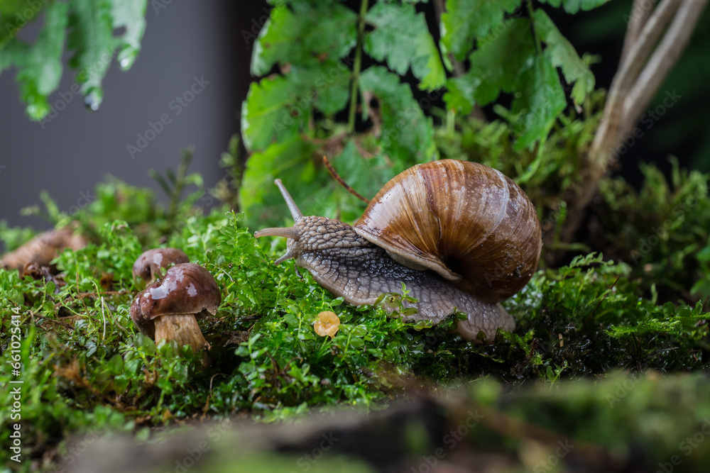 garden snail on moss in the forest garden snail on moss in the forest