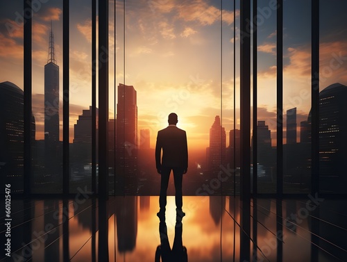 businessman standing in front of glass building at sunset