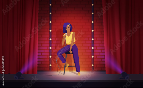 Stand up comedy show on theatre stage with female comedian vector illustration. Cartoon talent woman sitting on stool in spotlight, holding microphone to perform humor monologue and funny jokes