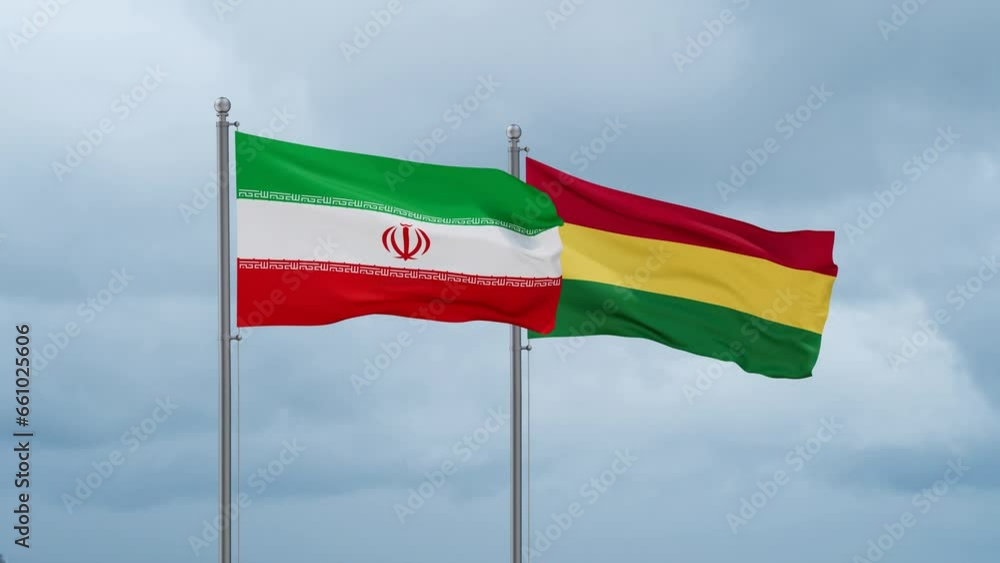 Bolivia flag and Iran flag waving together on cloudy sky, endless seamless loop, two country relations concept Bolivia flag and Iran flag waving together on cloudy sky, endless seamless loop, two country relations concept