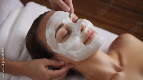 Spa Relaxation  Woman Applying White Facial Mask for Face and Body Care. Generative AI