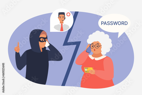 Fototapete Mobile phone fraud with elderly woman as victim of scam vector illustration