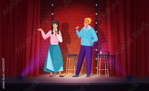 Couple of comedians perform comedy live show on theater stage vector illustration. Cartoon young talent male and female comedians with microphones tell funny story and jokes, speak in spotlight