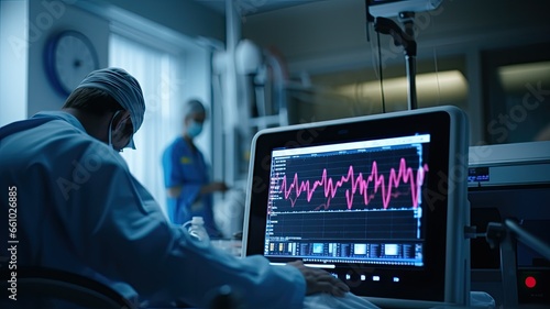 an ECG monitor in a hospital room, displaying a real-time heart rhythm of a patient, with medical professionals in the background ensuring the patient's well-being. photo