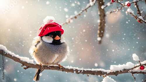 Cute funny cartoon bullfinch bird wearing a santa hat on a snowy branch