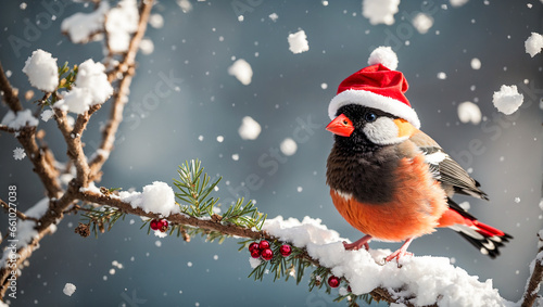 Cute funny cartoon bullfinch bird wearing a santa hat on a snowy branch