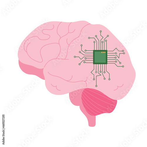 Concept of artificial intelligence or micro chip implantation in brain, isolated vector illustration in flat design
