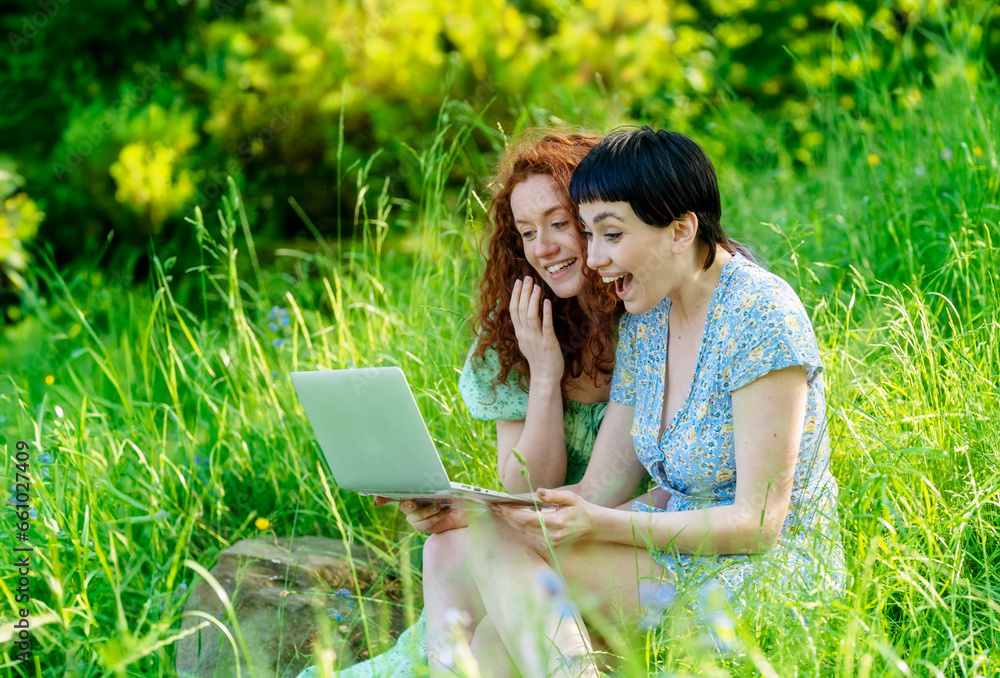 two friend, girlfriend and women using laptop, having videochat, watching video in public park. Romantic concept Internet anywhere two friend, girlfriend and women using laptop, having videochat, watching video in public park. Romantic concept Internet anywhere