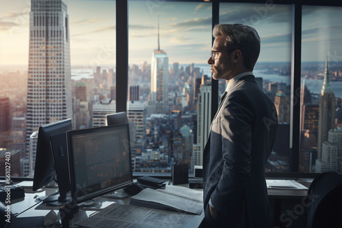 A focused male trader stands in a modern office, surrounded by towering glass windows that offer panoramic city views, as he scrutinizes a complex price chart, deep in thought abou  photo