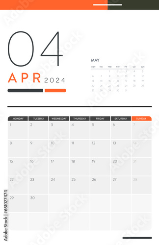 Creative minimal business monthly 2024 Calendar template vector. Desk, wall calendar for print, digital calendar or planner. Week start on Monday. Annual calendar layout design elements. April.