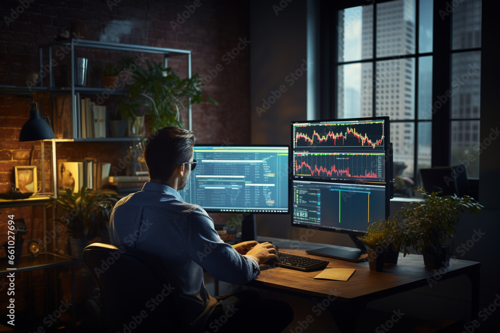 In a serene corner office, a male trader immerses himself in price charts on a large screen, his workspace designed with elegant simplicity, reflecting his preference for a tranqui In a serene corner office, a male trader immerses himself in price charts on a large screen, his workspace designed with elegant simplicity, reflecting his preference for a tranqui