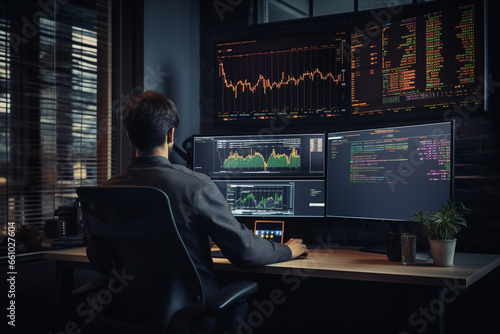 In a contemporary trading suite, a male trader gazes at price charts on a multi-screen workstation, his office featuring sleek design elements, epitomizing the marriage of style an 