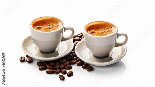 stockphoto, Set with cups of hot aromatic espresso coffee isolated on white background.