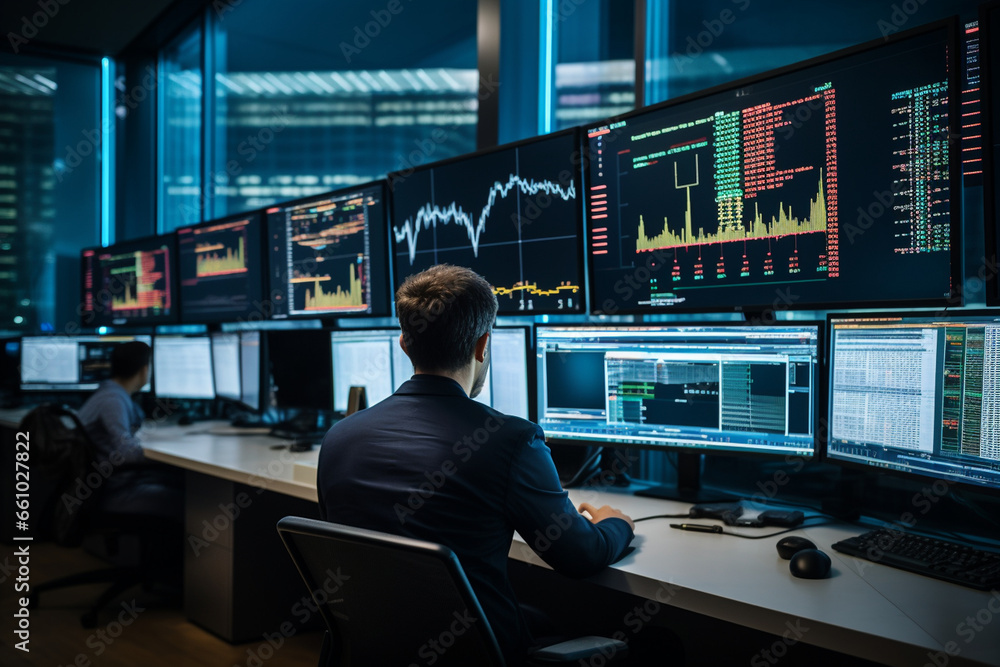 From behind a row of elegant cubicles in a modern financial center, observe analysts at their workstations, their screens displaying intricate price charts, while they engage in th From behind a row of elegant cubicles in a modern financial center, observe analysts at their workstations, their screens displaying intricate price charts, while they engage in th
