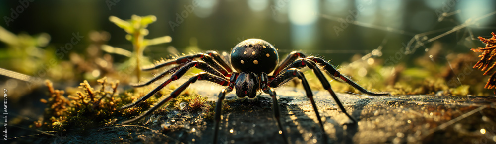 Obraz premium Large Forest Spider Close Up. Illustration On The Theme Of Insects And Nature, Ecology And Climate.