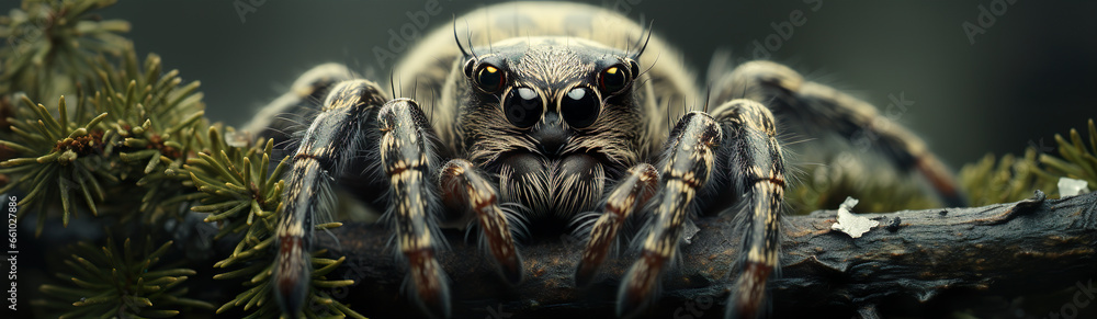 Naklejka premium Close-Up Of A Forest Spider. Illustration On The Theme Of Insects And Nature, Ecology And Climate. Generative AI