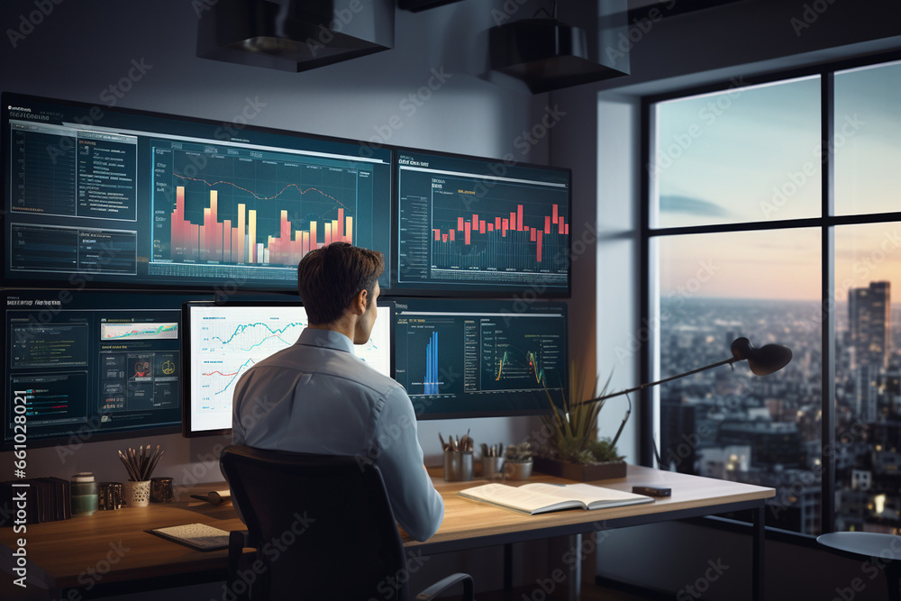 Look over the shoulders of analysts in a tranquil corner office, where they immerse themselves in price charts displayed on a large screen, the elegant simplicity of the workspace 