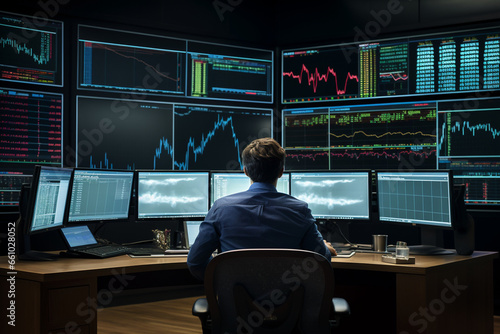 Gaze upon a row of analysts from behind as they work in a bright and modern trading space, their screens showcasing a world of financial data and charts, creating a vivid and energ 