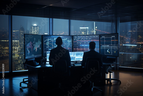 Observe the intense concentration of analysts from behind in a dynamic financial center, where they analyze price charts on screens with dynamic lighting, symbolizing the high-stak  © Maksym