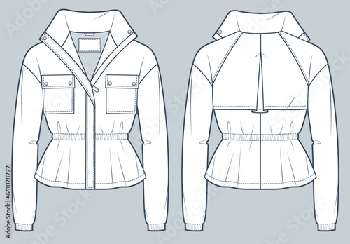 Drawstring Jacket technical fashion Illustration. Cropped Trench Coat fashion flat technical drawing template, pocket, front and back view, zip-up, white, women, men, unisex CAD mockup.