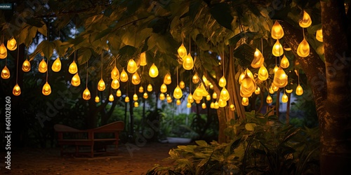 Hanging light bulbs  warm colors  hanging on a tree created with AI