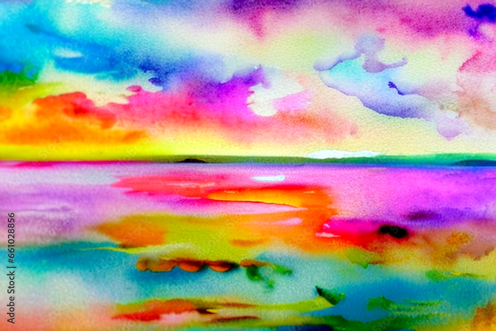 明るい色彩の綺麗な明るい空と雲の水彩画風のイラスト。Generative AI