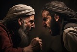 Tense Encounter. Arab and Jewish Individuals Engage in a Heated Verbal Dispute, Reflecting the Deep-Seated Divides in the Middle East. Face off. screaming and yelling at each other. deadly rivals.
