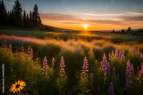 A peaceful meadow with colorful wildflowers and a radiant sunset in the background - AI Generative