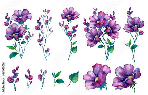 Fototapeta Naklejka Na Ścianę i Meble -  Purple Watercolor Flower Round Bouquet Pretty isolated on a white background.
