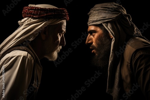 Intense Standoff: Arab and Jewish Men Lock Eyes in Heated Conflict, Illustrating Ongoing Regional Tensions. Dark background. good and evil. war. murder. genocide, terrorism. prophet.  photo