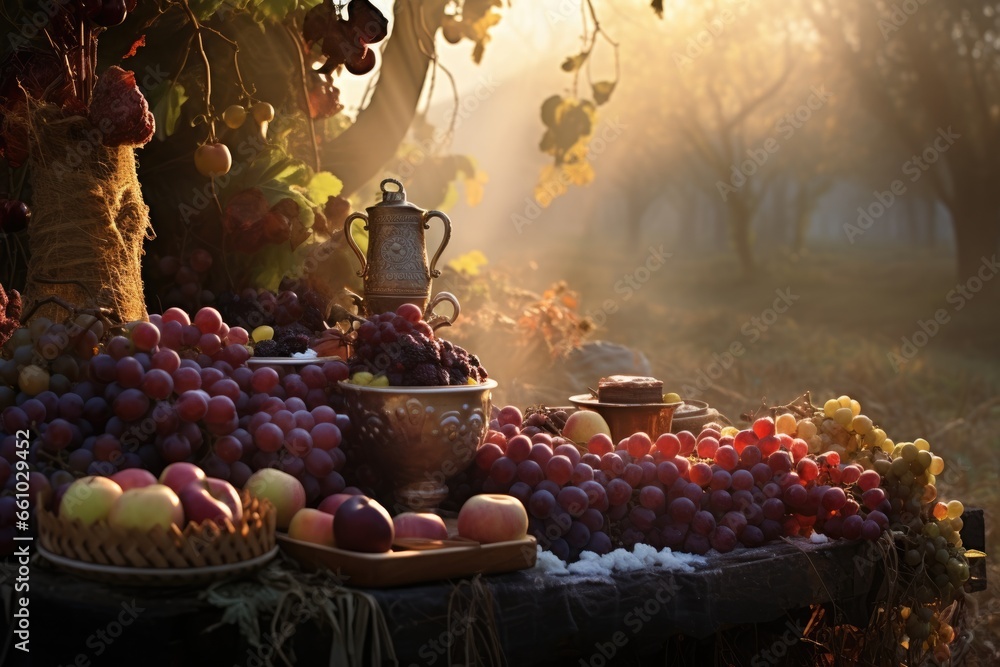 Foto de A rustic wood table with abundant fruits, vegetables, drinks ...