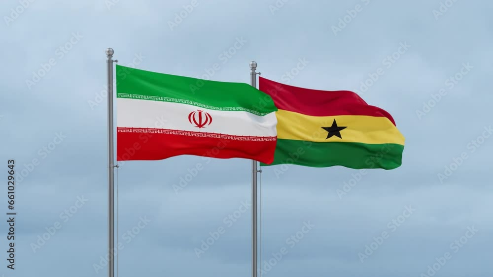 Ghana flag and Iran flag waving together on cloudy sky, endless seamless loop, two country relations concept Ghana flag and Iran flag waving together on cloudy sky, endless seamless loop, two country relations concept