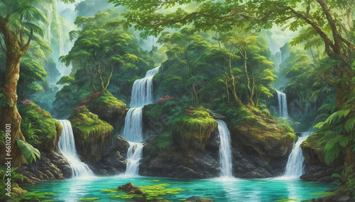 An oil painting of a tranquil lake and waterfall embraced by a lush jungle - AI Generative