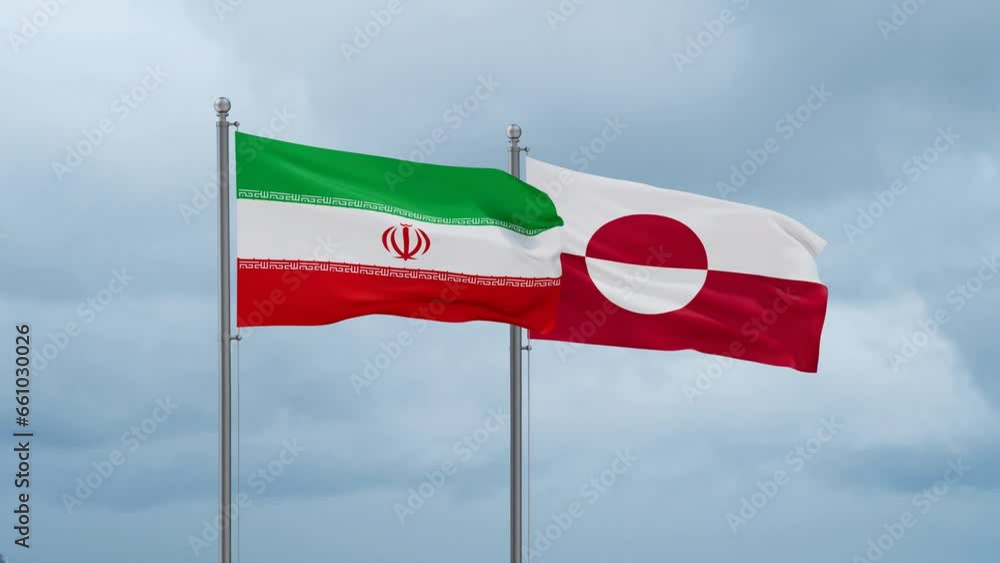 Greenland flag and Iran flag waving together on cloudy sky, endless seamless loop, two country relations concept Greenland flag and Iran flag waving together on cloudy sky, endless seamless loop, two country relations concept