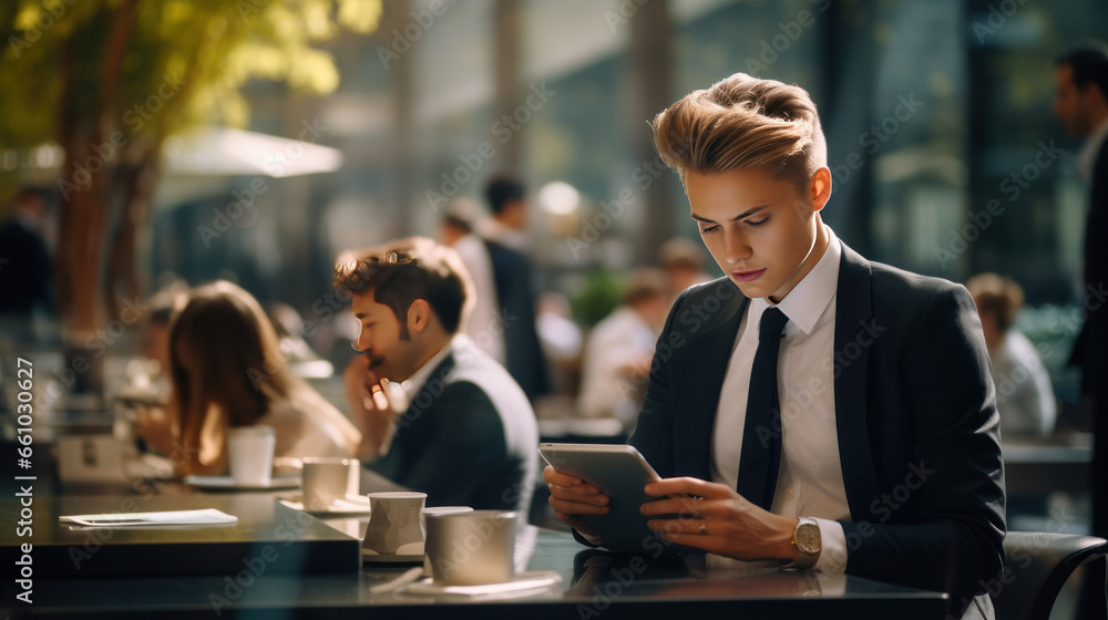 A traveler sits in a cafe with a laptop, seamlessly blending work tasks with leisure time during their trip. A traveler sits in a cafe with a laptop, seamlessly blending work tasks with leisure time during their trip.